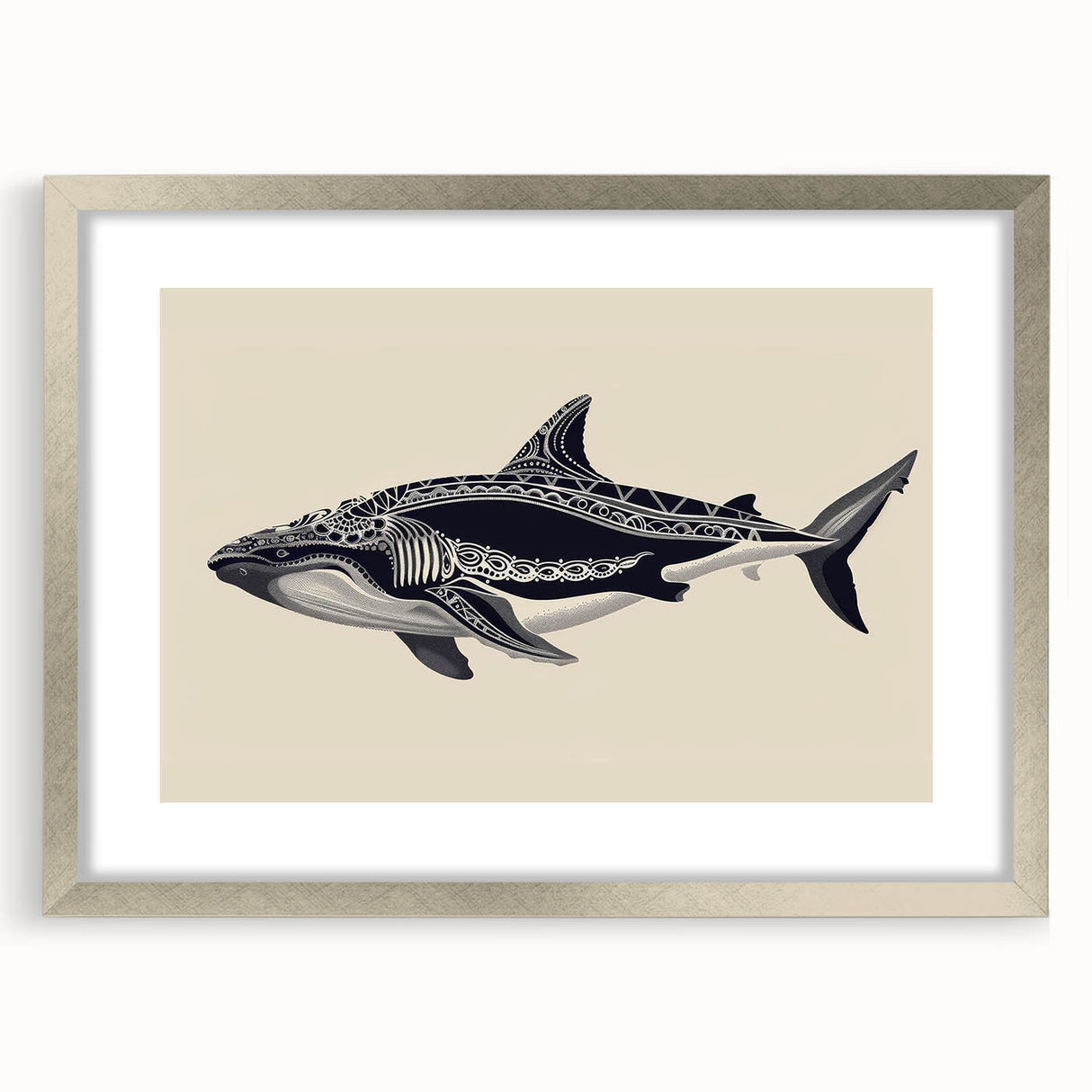Framed marine life wall art showcasing an elegant whale design, featuring a silver frame and mat, perfect for ocean-themed decor in living spaces.