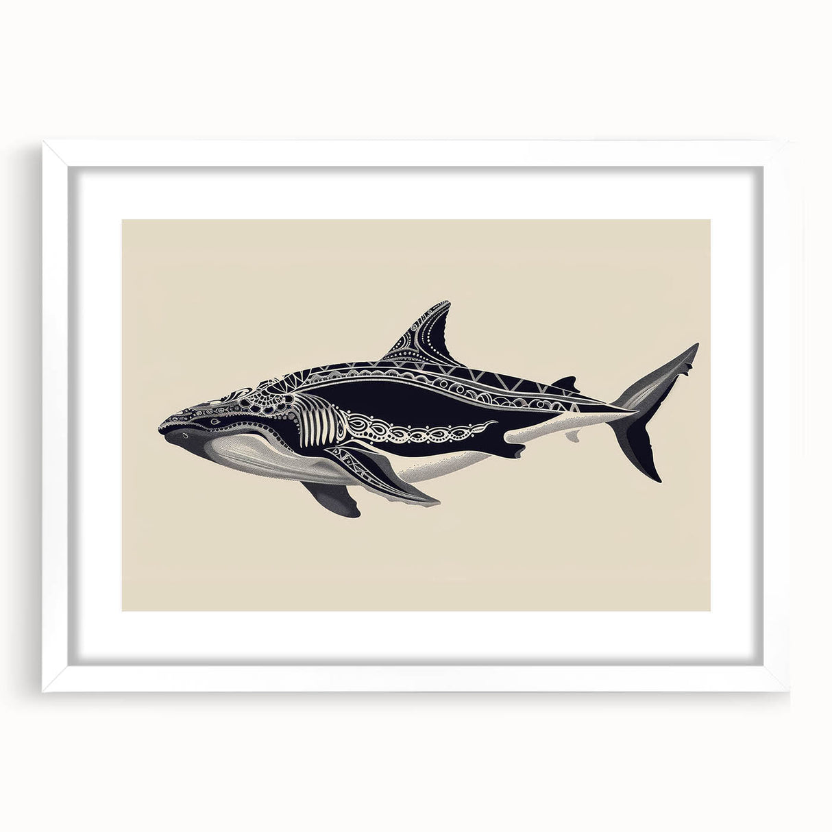 Framed wall art featuring a stunning marine life design showcasing a whale, set against a crisp white mat, perfect for ocean-themed decor.