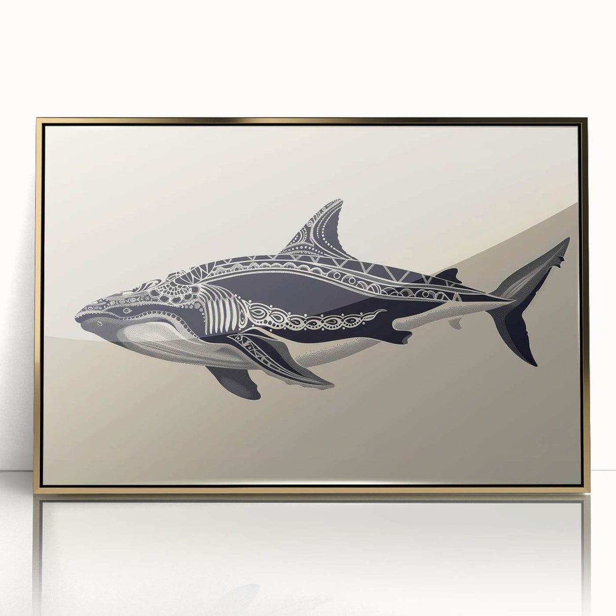 Framed acrylic wall art showcasing a striking marine life design with a whale, set in a gold frame, ideal for ocean-themed decor and nature enthusiasts.