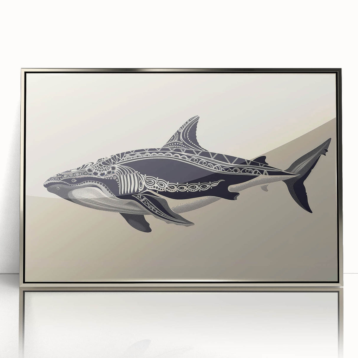 Framed wall art showcasing a stunning marine life design featuring a majestic whale, set in a sleek silver frame, perfect for ocean-themed decor.