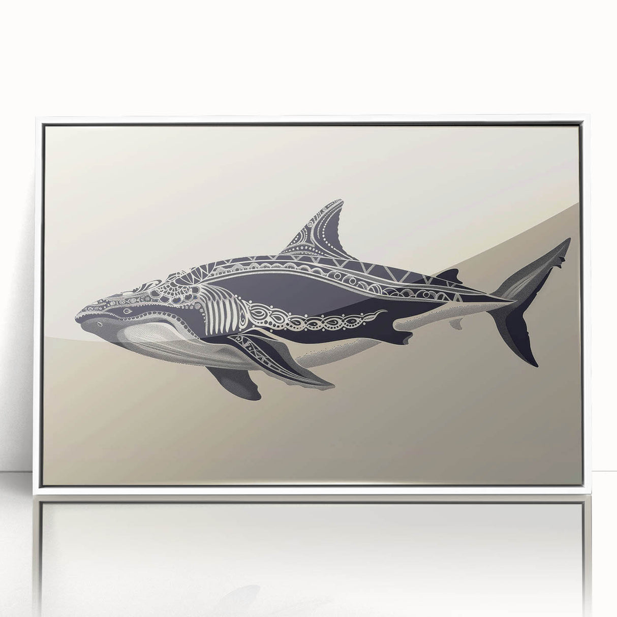 Framed wall art featuring a stunning marine life design with a whale, presented in an elegant white frame, ideal for ocean-themed decor in homes or offices.