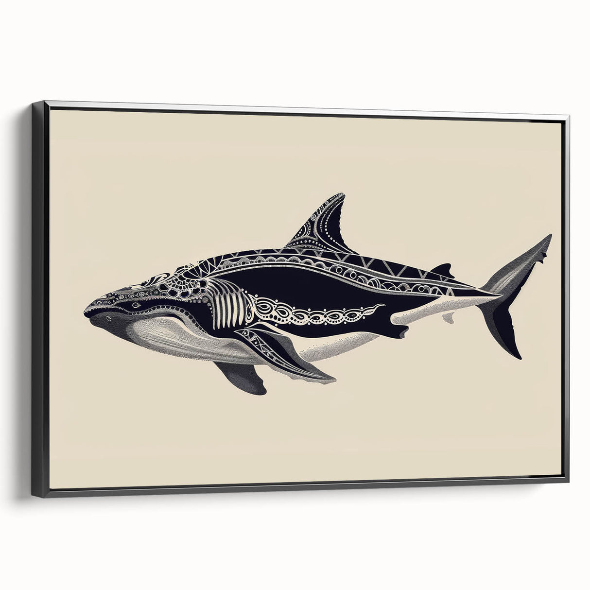 Framed canvas wall art depicting a majestic whale design with vibrant blue hues, showcasing marine life in a black frame, ideal for ocean-themed decor.