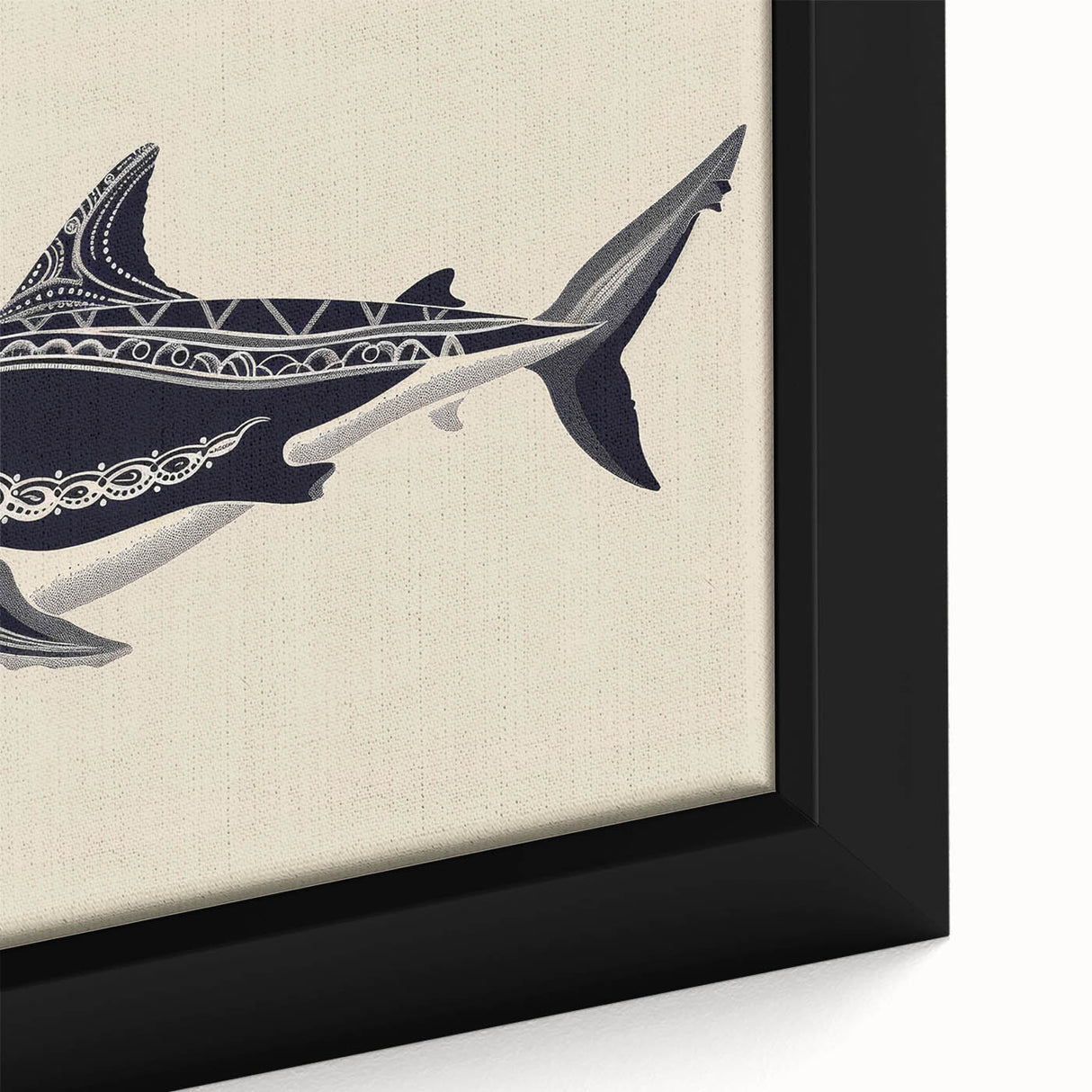 Close-up of a framed canvas wall art piece showcasing a vibrant marine life design featuring a majestic blue whale swimming through ocean waves, ideal for coastal decor.