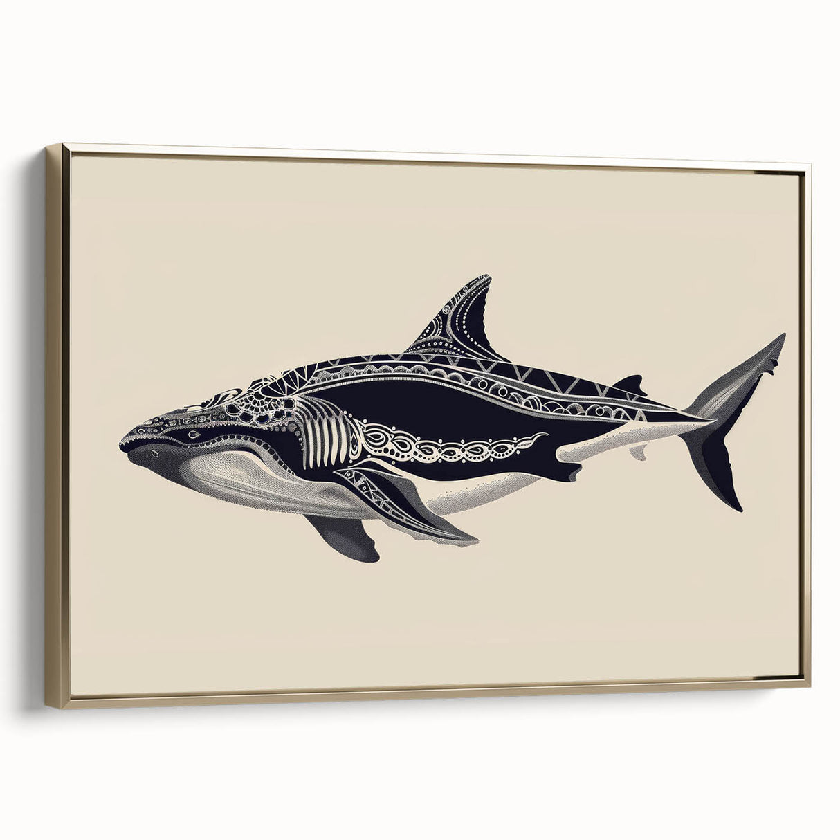 Framed wall art showcasing a stunning marine life design featuring a whale, elegantly displayed with a gold frame, perfect for ocean-themed decor.