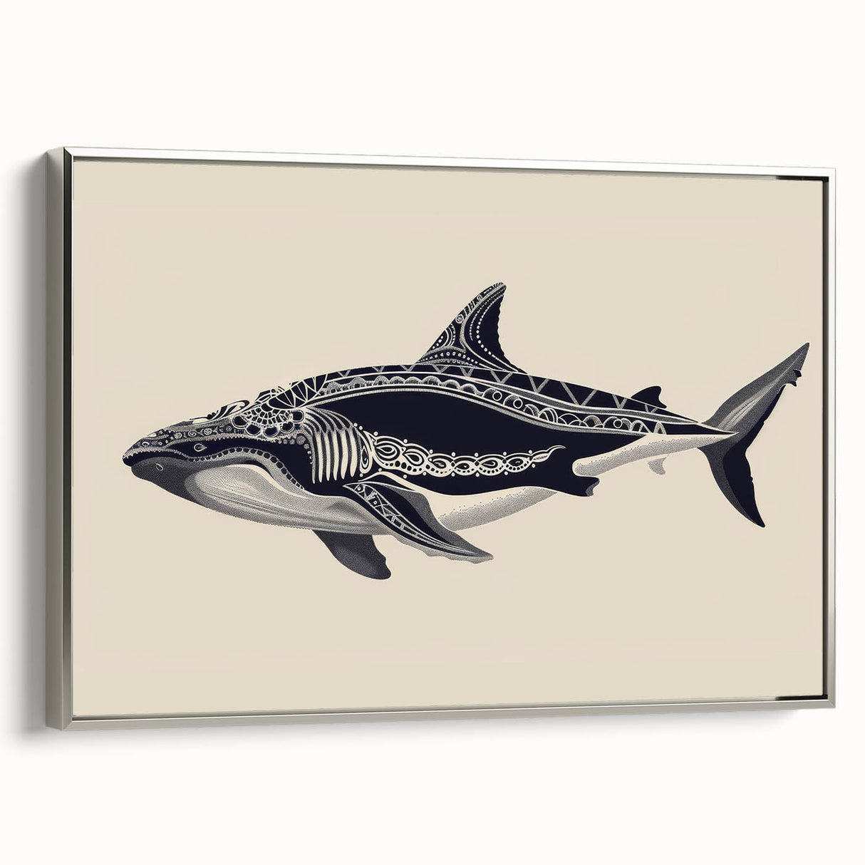 Framed canvas wall art showcasing a side view of a majestic whale, designed with intricate marine life details in silver tones, perfect for ocean-themed decor.