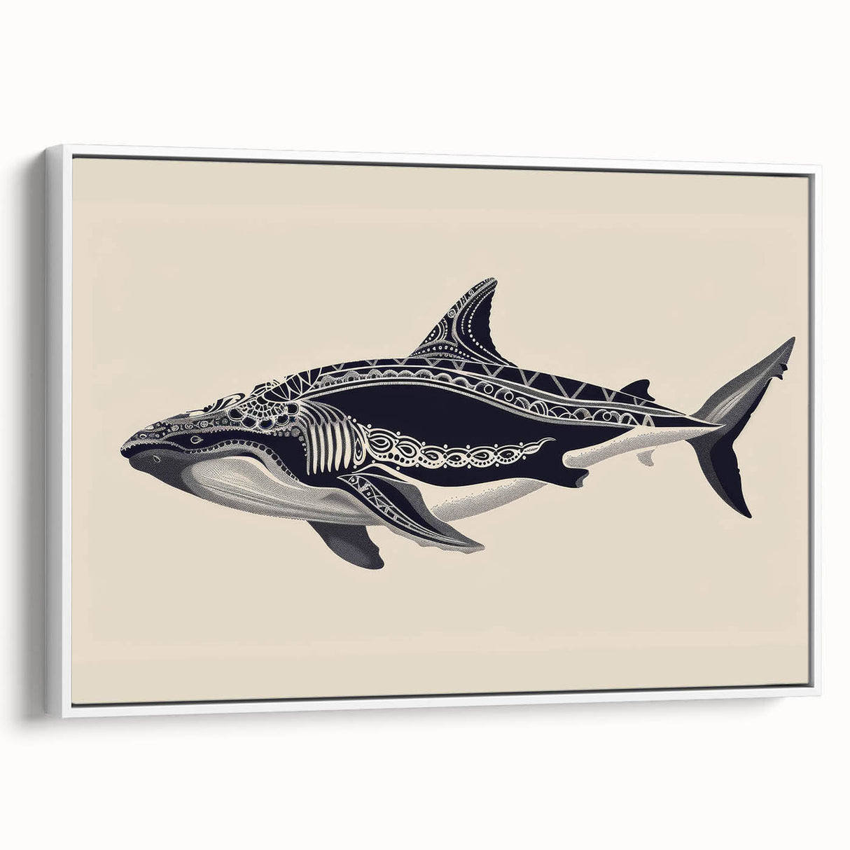Framed canvas wall art depicting a serene whale design, showcasing intricate marine life details in calming blue and white tones, perfect for ocean-themed decor.