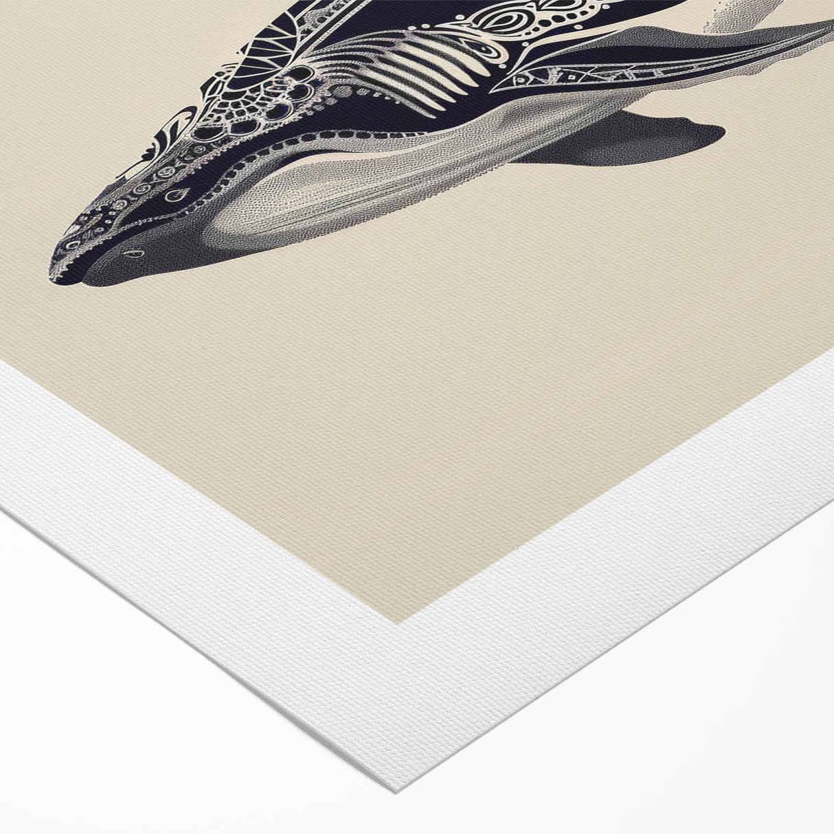 Whale-themed wall art design on rolled canvas, showcasing vibrant marine life colors and intricate details, ideal for ocean-inspired home decor.