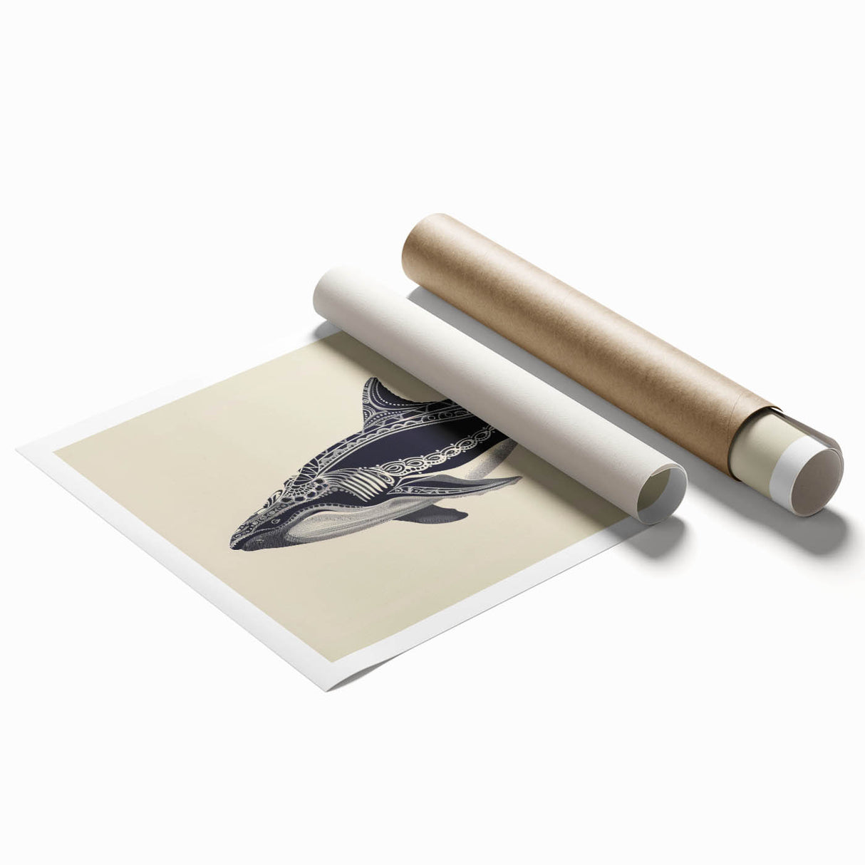 Whale-themed wall art design showcasing vibrant marine life, featuring intricate details in blue and white hues on a rolled print, perfect for ocean lovers.