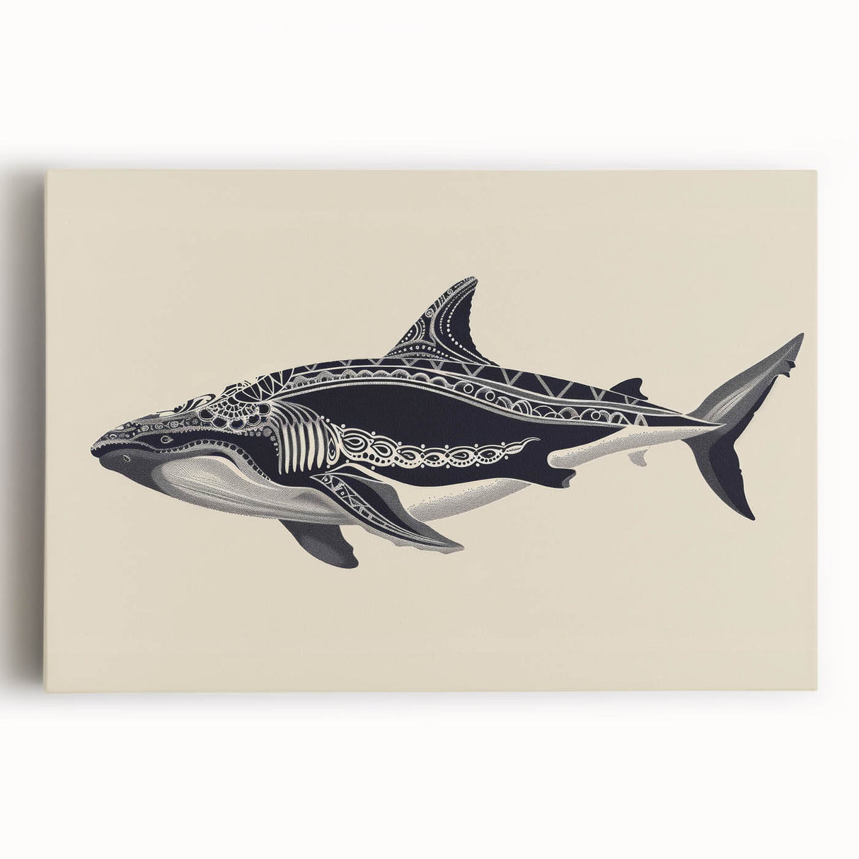 Stretched canvas wall art showcasing a vibrant blue whale design against a serene ocean backdrop, perfect for marine life enthusiasts and home décor.