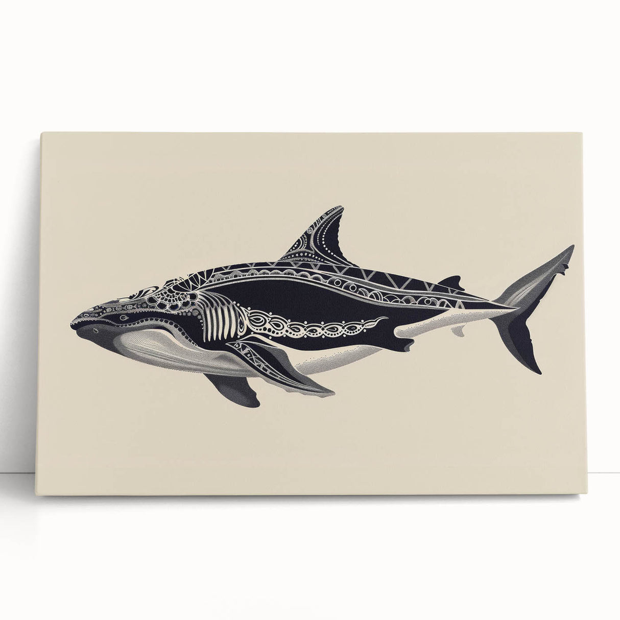 Stretched canvas art showcasing a vibrant whale design, perfect for marine life enthusiasts. The artwork features detailed blue and green hues, ideal for ocean-themed decor.