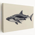 Stretched canvas artwork showcasing a detailed marine life whale design, featuring vibrant blues and greens, perfect for ocean-themed decor in a living room or office.