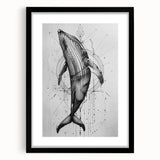 Framed wall art featuring a stunning marine life design showcasing a majestic whale, set against a black background, ideal for ocean-themed decor.