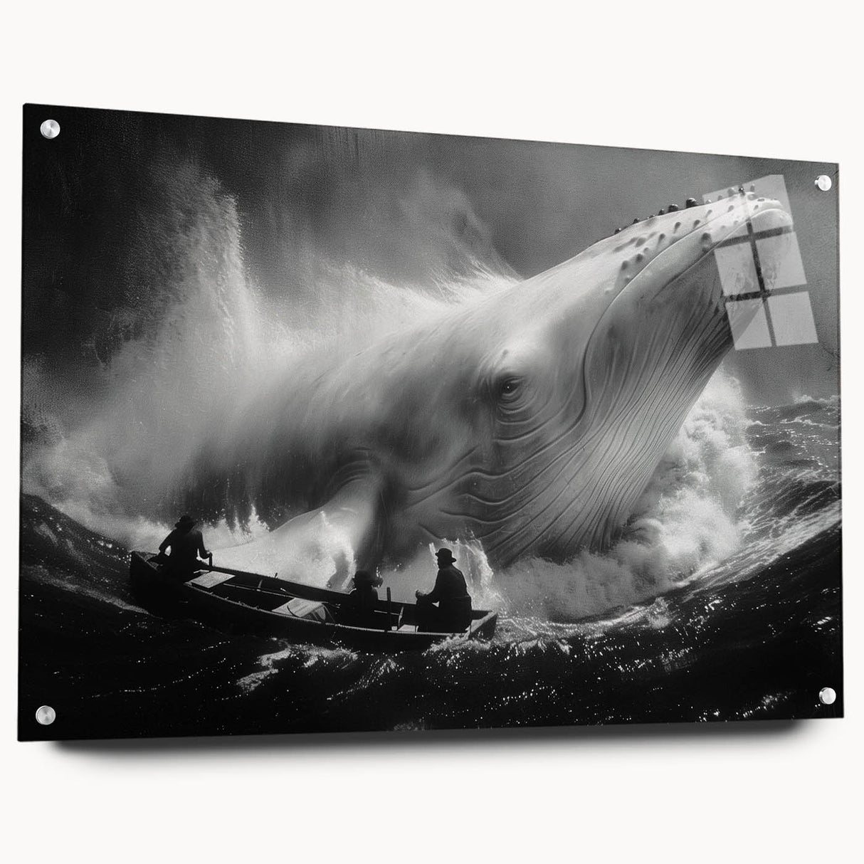 Elegant acrylic glass wall art showcasing a detailed side view of a whale design, perfect for marine life enthusiasts. Ideal for home decor, featuring pins for easy hanging.