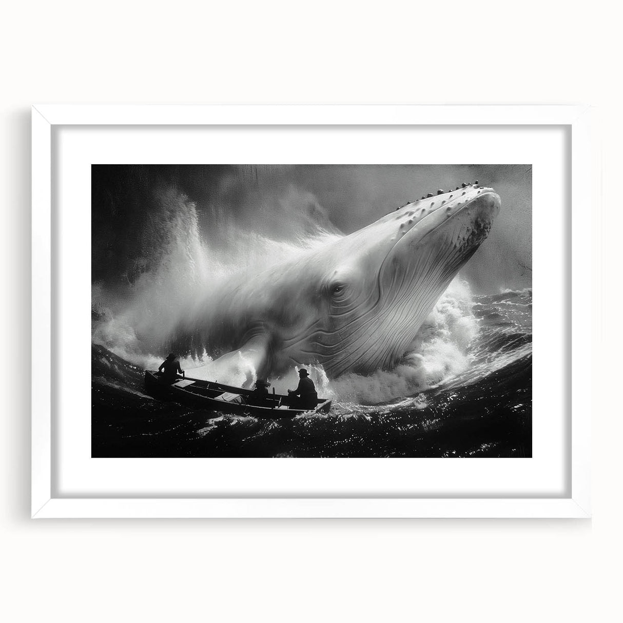 Framed wall art showcasing a stunning blue whale design, set against a white mat and frame, ideal for marine life enthusiasts and home decor.