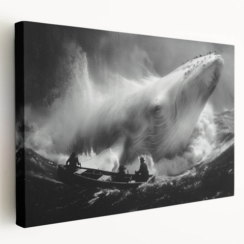 Stretched canvas wall art depicting a graceful whale design in shades of blue and white, showcasing marine life, perfect for ocean-themed decor.