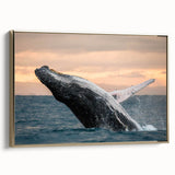 Framed wall art of a majestic whale in a rich marine life design, featuring gold accents and a side view, perfect for ocean-themed decor and nature lovers.
