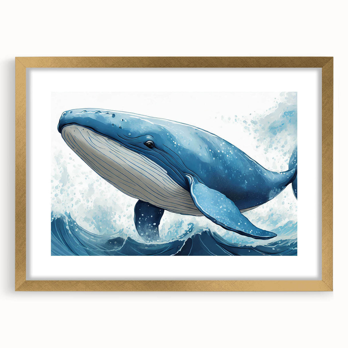 Whale-themed wall art print framed in gold, featuring intricate marine life designs and a mat border, perfect for ocean-inspired home decor.