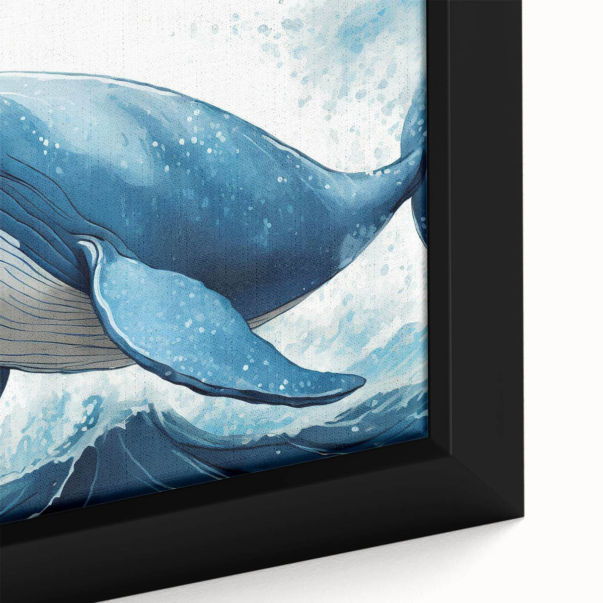 Framed canvas wall art featuring a close-up design of a majestic whale in vibrant blue and green hues, perfect for marine life enthusiasts and coastal decor.
