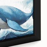 Framed canvas wall art featuring a close-up design of a majestic whale in vibrant blue and green hues, perfect for marine life enthusiasts and coastal decor.
