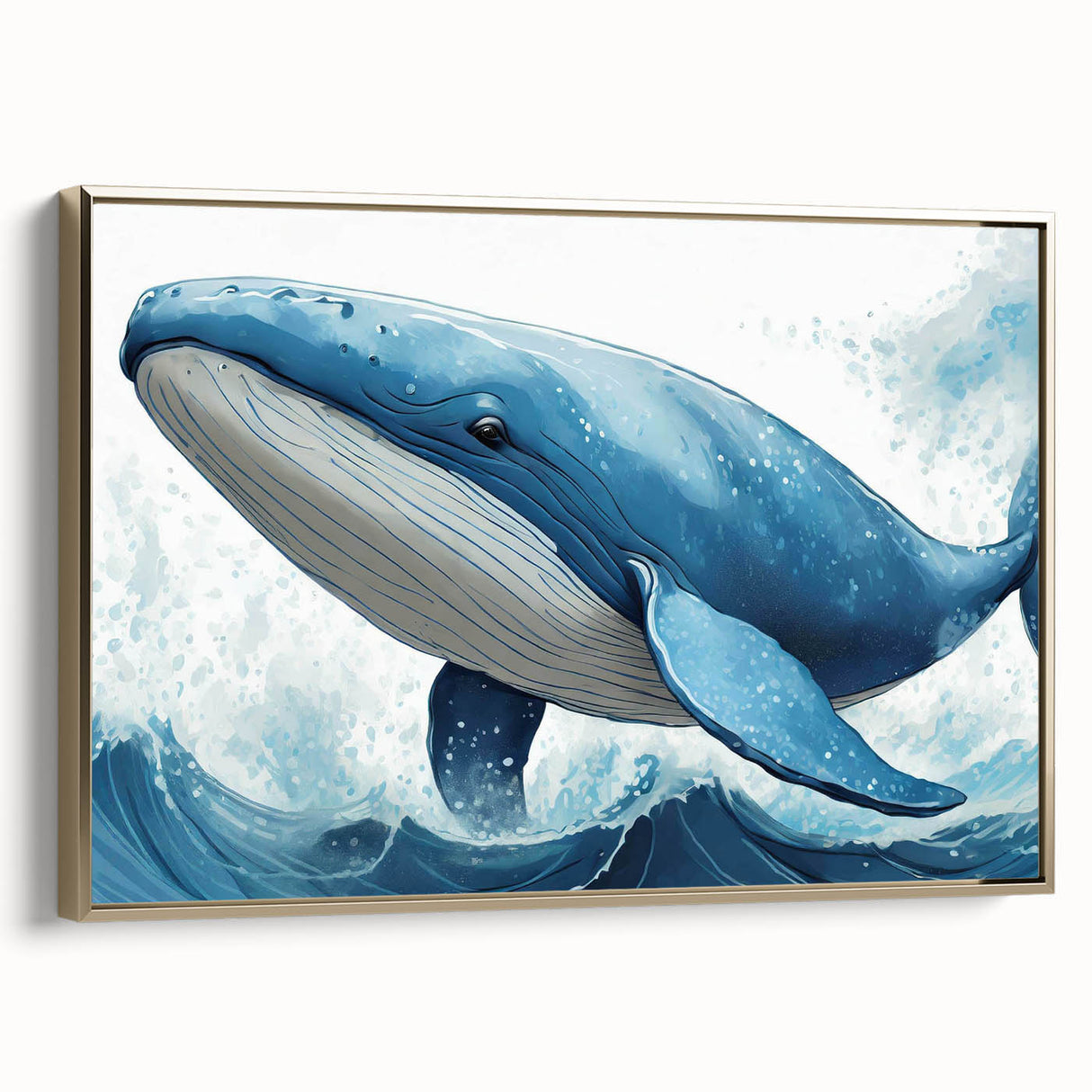 Framed wall art featuring a majestic blue whale design on a textured canvas, with gold accents and a side view, ideal for marine life decor enthusiasts.