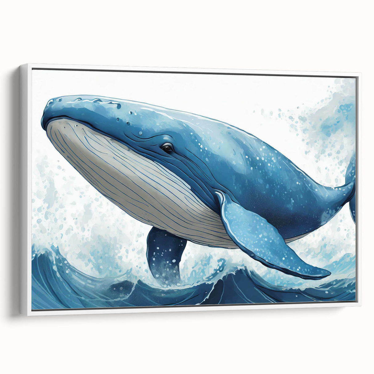 Framed canvas wall art showcasing a vibrant marine life design featuring a majestic whale, set against a white background, perfect for ocean-themed decor.