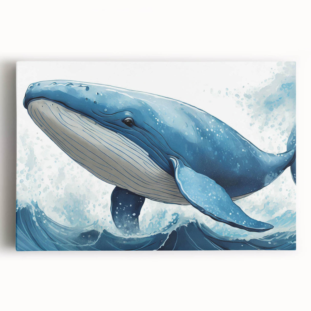 Stretched canvas wall art depicting a majestic whale swimming gracefully in vibrant blues and greens, perfect for marine life enthusiasts and ocean-themed decor.