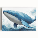 Stretched canvas wall art depicting a majestic whale swimming gracefully in vibrant blues and greens, perfect for marine life enthusiasts and ocean-themed decor.