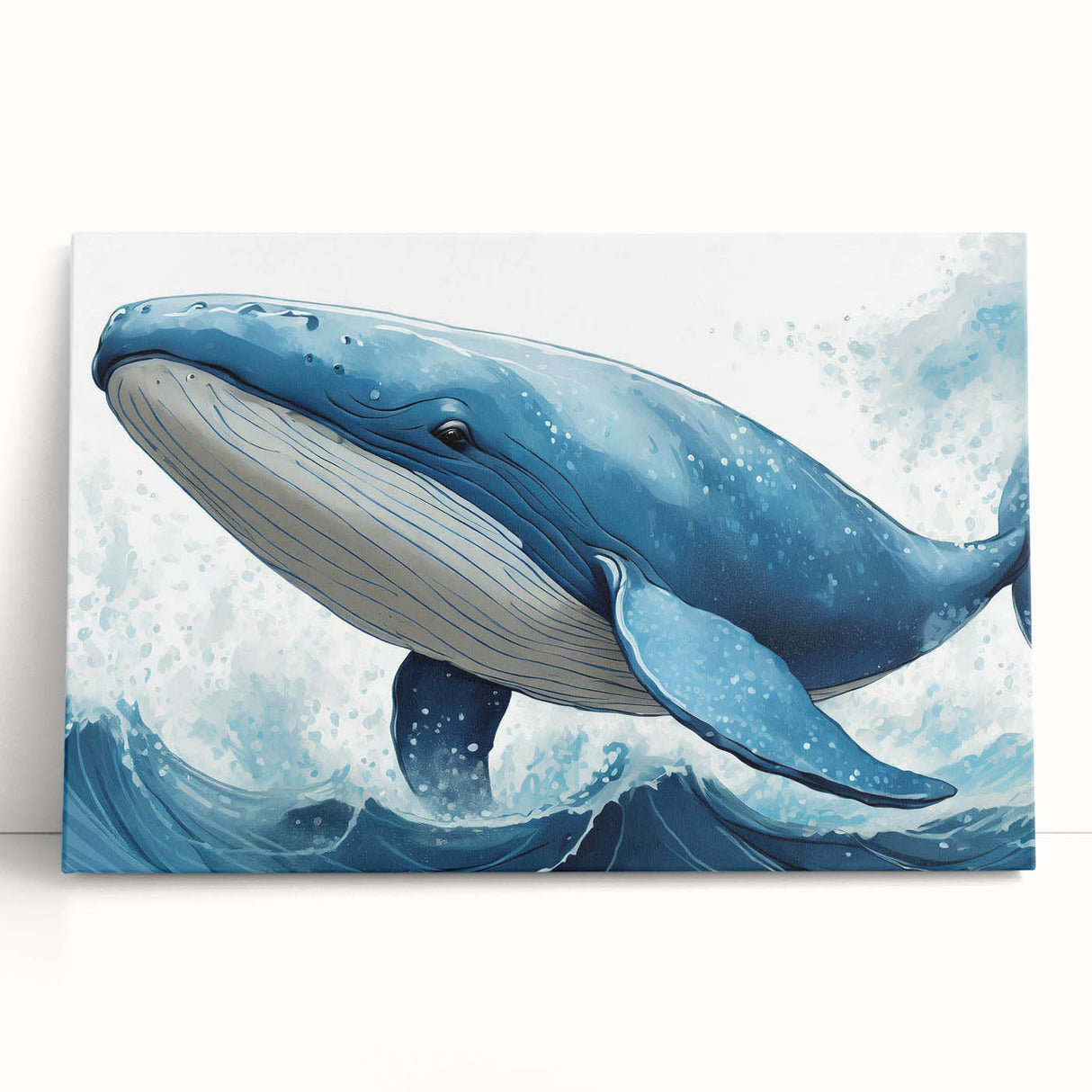 Stretched canvas wall art showcasing a vibrant blue whale design, leaning against a textured wall, perfect for marine life enthusiasts and ocean-themed decor.