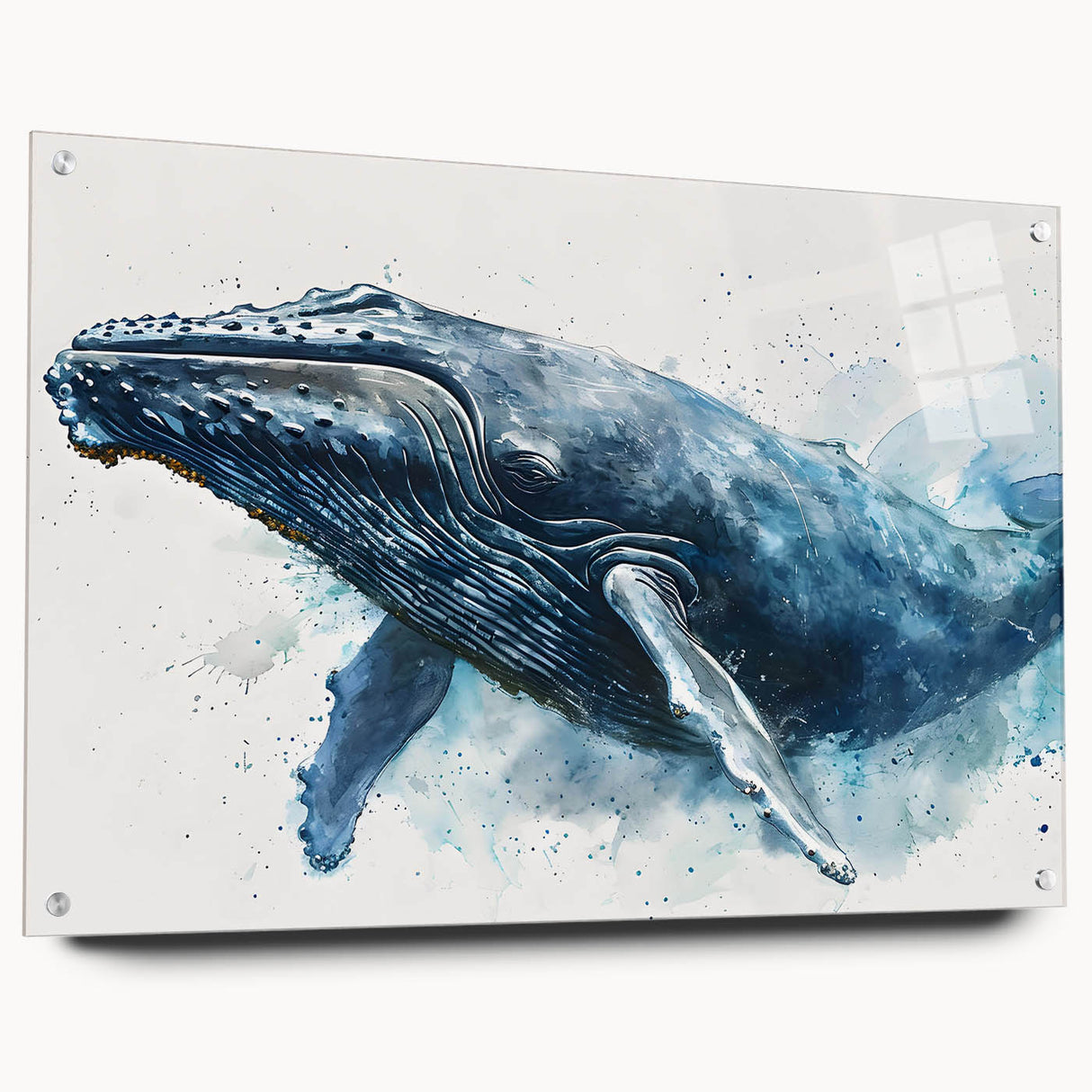 Vibrant acrylic glass wall art depicting a whale design, showcasing marine life in vivid colors, displayed in a contemporary setting with decorative pins.