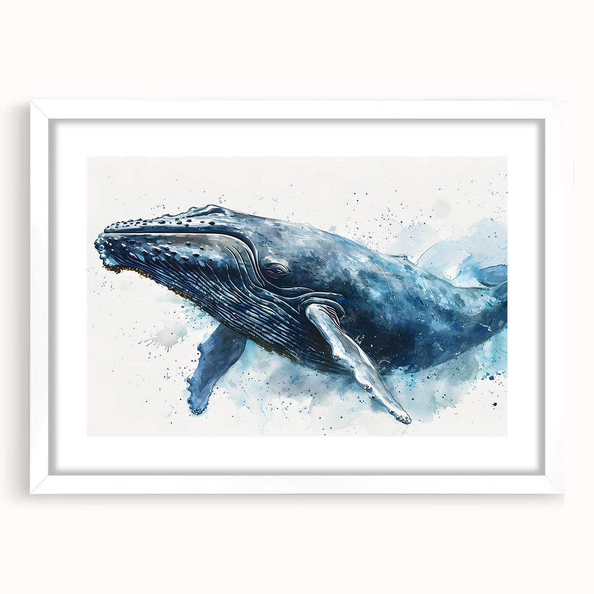 Framed wall art showcasing a stunning marine life design featuring a whale, set in a white frame with a mat, perfect for ocean-themed decor, adding elegance to any space.