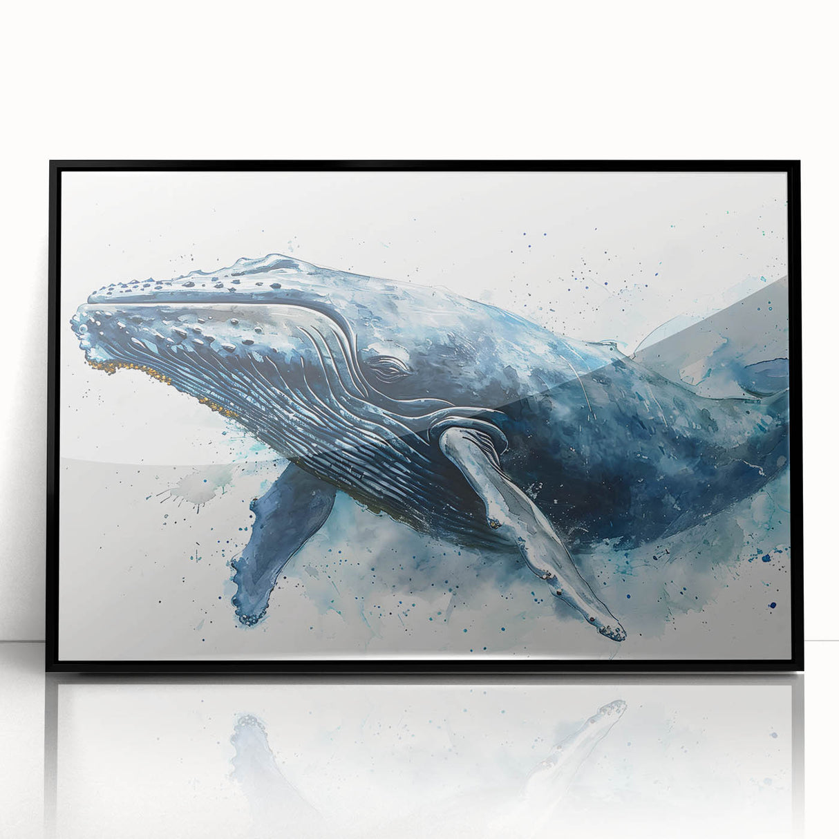 Framed wall art featuring a stunning marine life design with a majestic whale, set in a sleek black frame, perfect for ocean-themed decor enthusiasts.