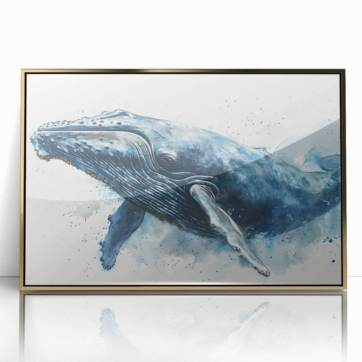 Framed wall art featuring a stunning marine life whale design, elegantly crafted with gold accents and acrylic front, perfect for ocean-themed decor.