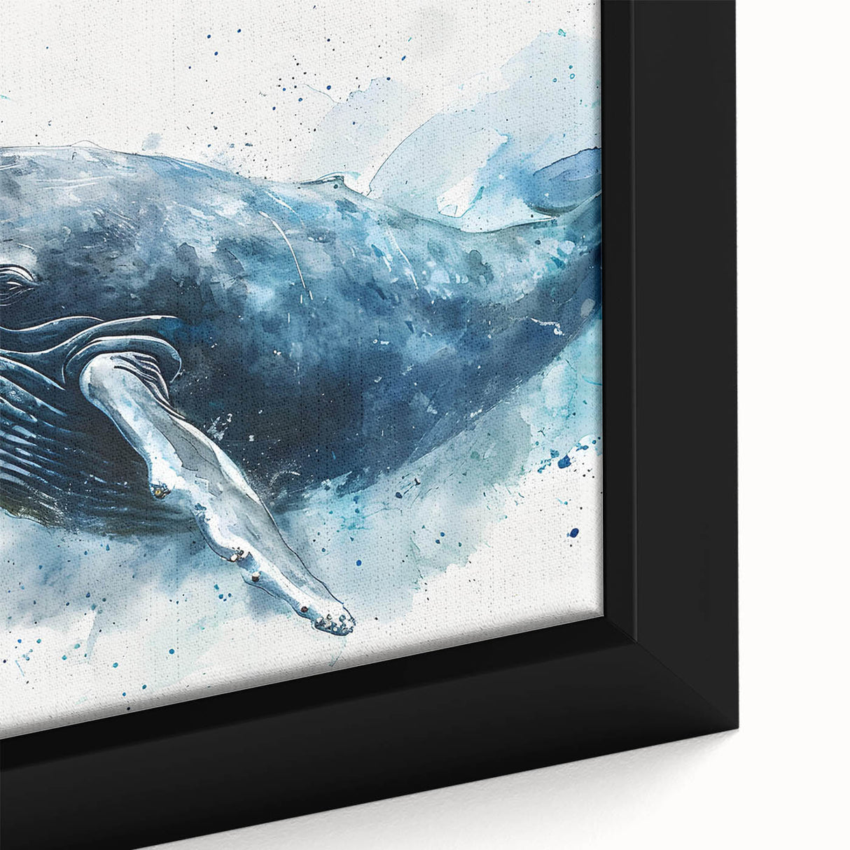 Close-up of a framed canvas wall art featuring a striking marine life design of a whale, showcasing vibrant colors and intricate details ideal for ocean-themed decor.