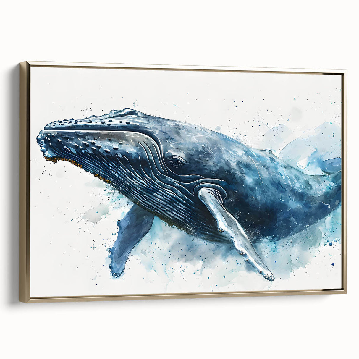Framed canvas wall art featuring a stunning whale design in vibrant colors, showcasing marine life with a gold frame, ideal for ocean-themed decor.