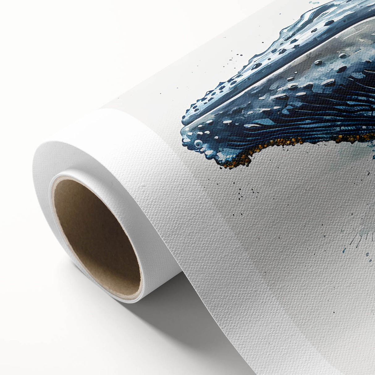 Whale-themed wall art design on rolled canvas, showcasing vibrant blue and white colors, ideal for marine life enthusiasts and modern home decor.