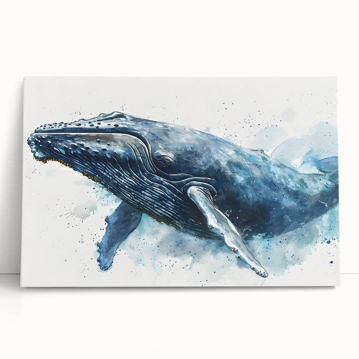 Stretched canvas wall art showcasing a vibrant marine life design featuring a majestic whale, perfect for ocean-themed decor, adding a serene touch to any space.