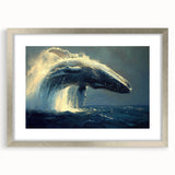 Framed wall art featuring a stunning marine life whale design in silver, showcasing intricate details and vibrant colors, perfect for ocean-themed decor.