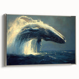 Framed canvas wall art featuring a detailed silver side view of a majestic whale, showcasing intricate marine life design elements, perfect for ocean-themed decor.