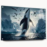 Acrylic wall art showcasing a vibrant marine life design featuring a majestic whale in a side view, elegantly displayed with pins on a sleek surface. Ideal for ocean-themed decor.
