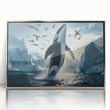 Framed wall art featuring a stunning marine life design showcasing a majestic whale in vibrant colors, set against a sleek silver frame, ideal for ocean-themed decor.