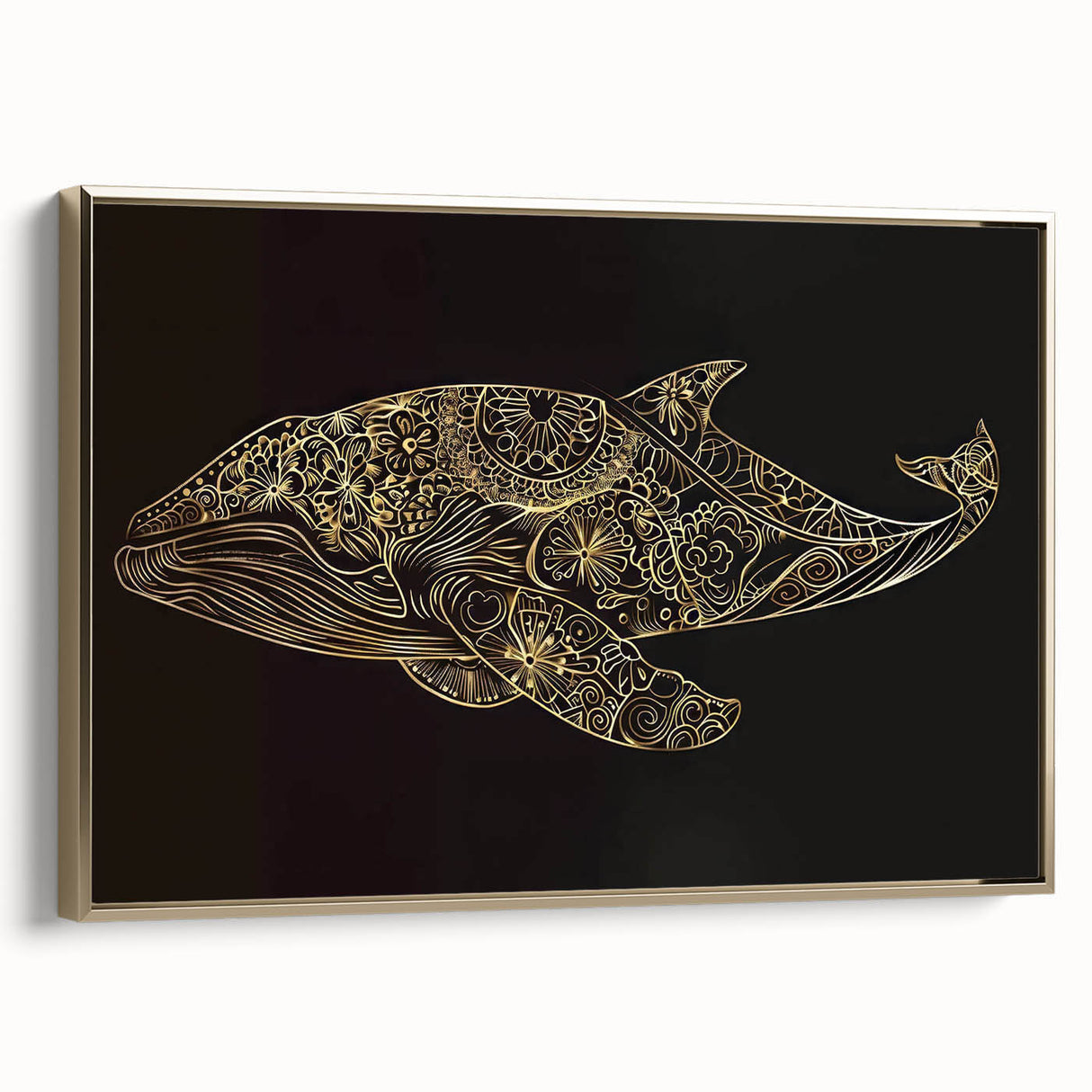 Framed canvas wall art showcasing a stunning blue whale design, set against a gold backdrop, perfect for marine life enthusiasts and coastal decor.
