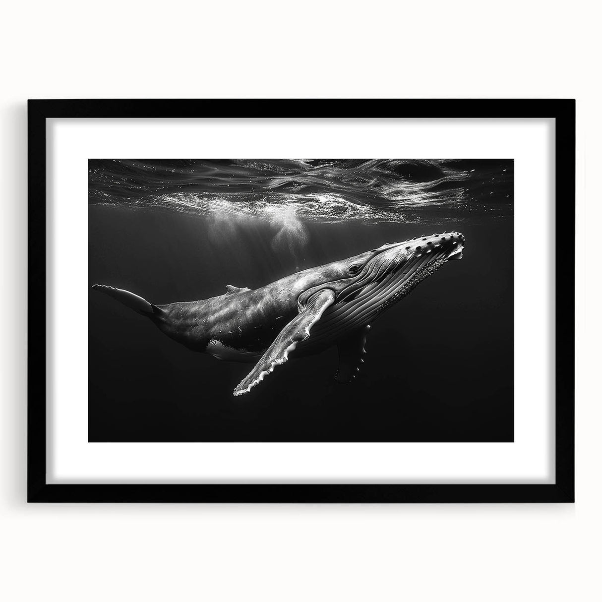 Black-framed wall art featuring a marine life design of a whale, showcasing intricate details and vibrant colors, perfect for ocean-themed decor.