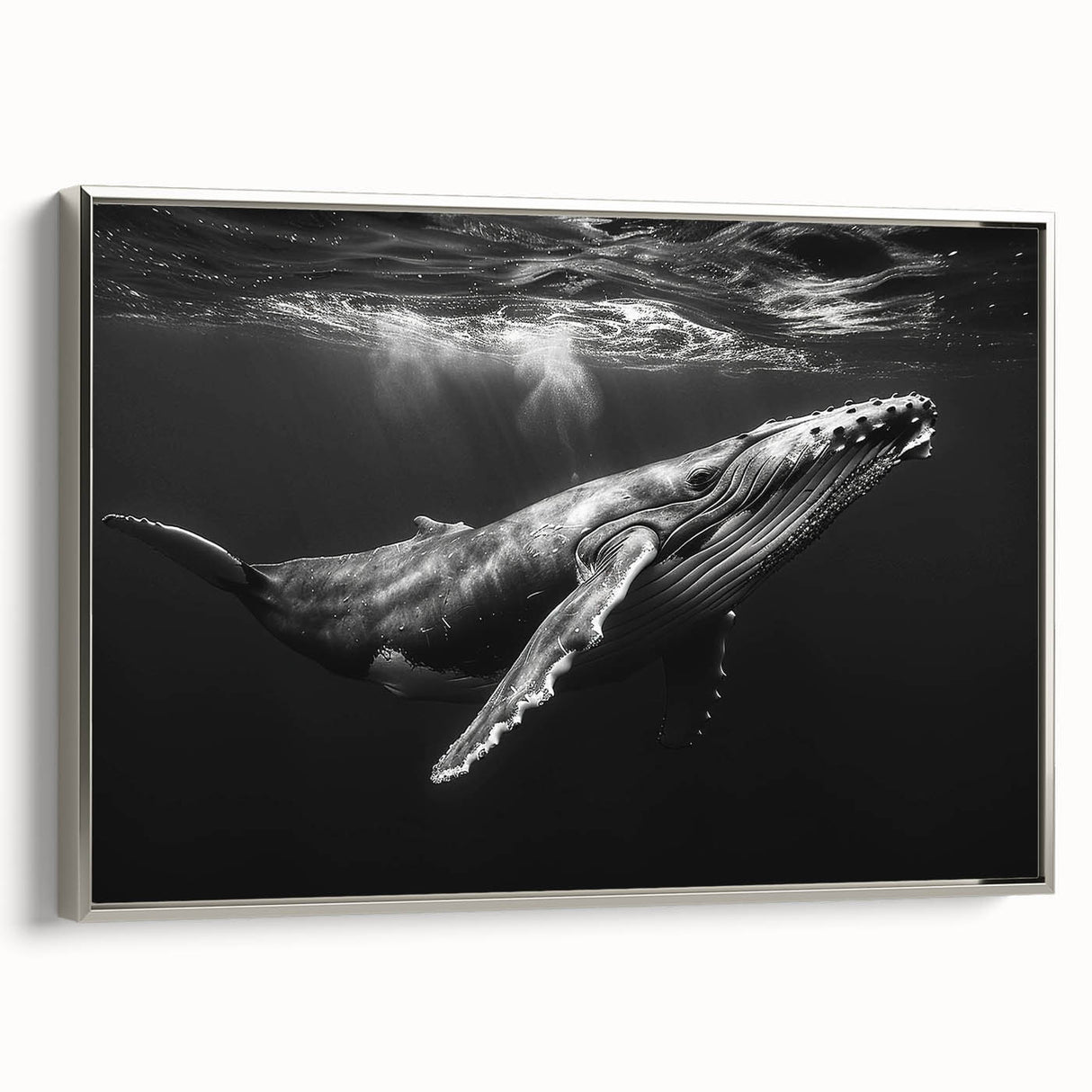 Framed wall art featuring a striking blue whale design on textured canvas, elegantly displayed in a sleek silver frame, perfect for marine life enthusiasts.