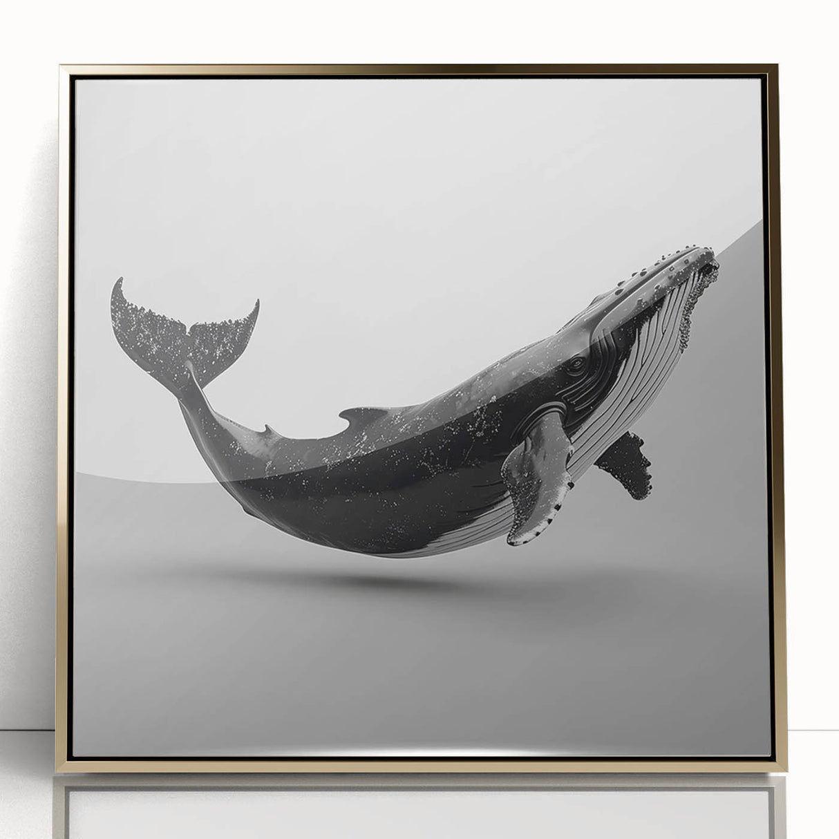 Framed wall art featuring a stunning whale design in acrylic with a gold frame, showcasing marine life in vibrant colors, perfect for ocean-themed decor.