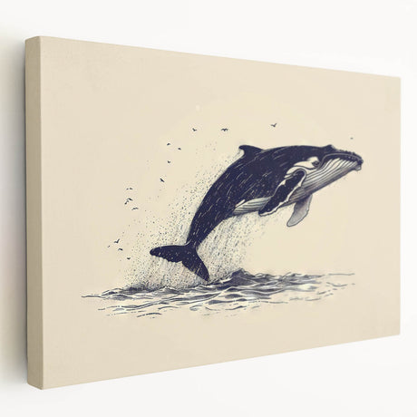 Stretched canvas wall art featuring a vibrant whale design, showcasing marine life in rich blues and greens, ideal for ocean-themed decor.