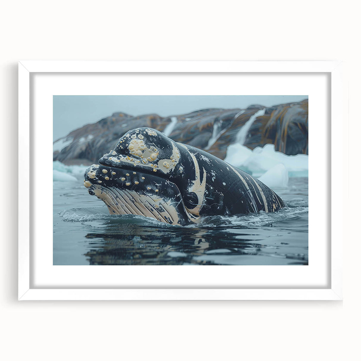 Whale-themed wall art framed in white mat, showcasing marine life design with vibrant colors and intricate details, perfect for ocean lovers' decor.