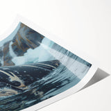Vibrant rolled print of a whale design showcasing marine life, featuring detailed illustrations in blue and turquoise hues, perfect for ocean-themed decor.