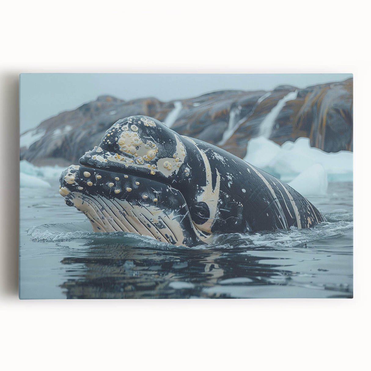 Stretched canvas wall art showcasing a vibrant marine life design featuring a majestic whale, perfect for ocean-themed decor and enhancing coastal aesthetics.
