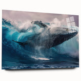 Acrylic wall art showcasing a vibrant whale design from the Marine Life collection, viewed from the side, featuring intricate details and a sleek glass finish. Ideal for ocean-themed decor.