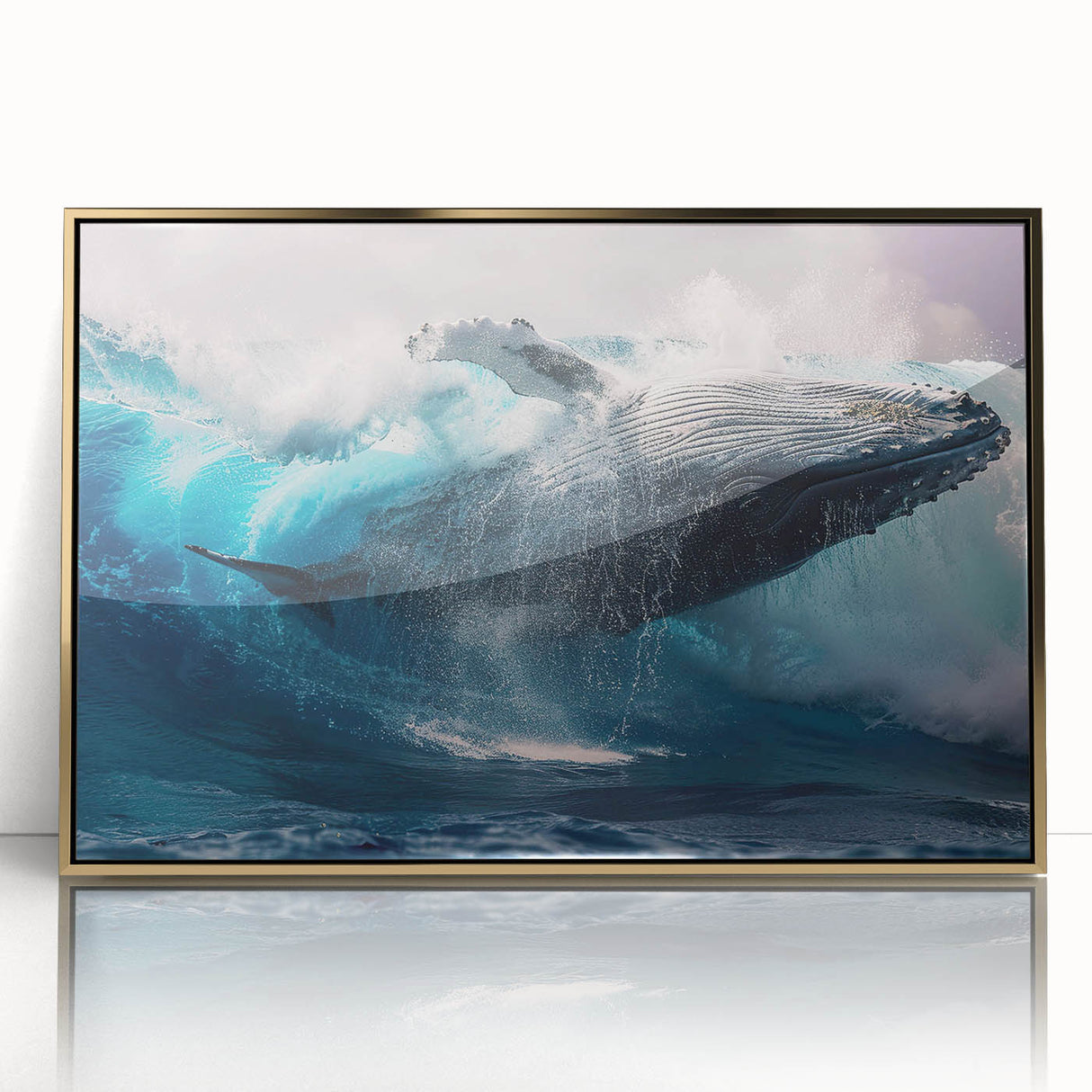 Framed wall art featuring a striking whale design in vibrant colors, set in a sleek gold frame, perfect for marine life enthusiasts and modern decor.